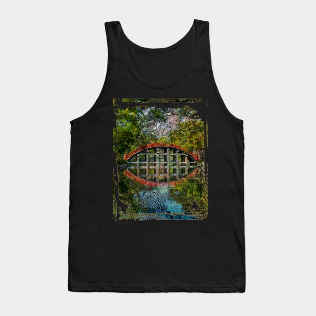 Japanese Garden Red Bridge Water Trees Collage Art 87 Tank Top by dvongart